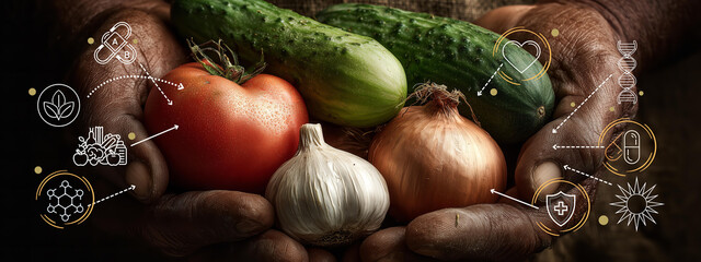 A hand holding a variety of vegetables including a tomato, onion, and cucumber