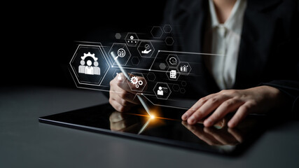 Business management system showing teamwork, productivity, and planning. Management supports goal,...