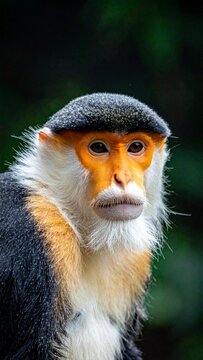 Captivating Close-up of a Red-shanked Douc Monkey with Striking Orange Face and White Beard