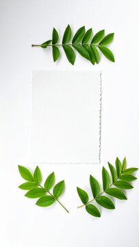 Minimalist White Paper Mockup with Fresh Green Leaves, Ideal for Eco-Friendly Designs and Invitations