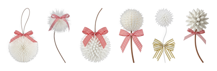 Holiday decorative elements set including fluffy, spiky, and layered designs with red and gold bows isolated. Festive seasonal decor and embellishments.