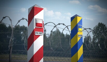 Border posts with flags of Poland and Ukraine - 3d illustration