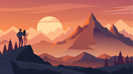 Fototapeta premium A scenic viewpoint overlooking a majestic mountain range at sunset with silhouettes of hikers taking photographs symbolizing exploration and adventure.