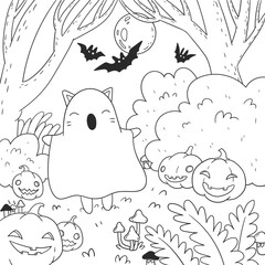 Vector contour illustration of a cat in a ghost costume. Coloring page with cute Halloween character.