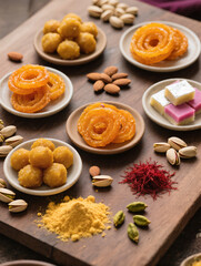 Fototapeta premium Happy Diwali Flatlay Advertisement Wooden Board Plates Ladoos Jalebi Barfi Nuts Chickpea Flour Saffron Cardamom Pistachios Natural Warm Light Festive Indulgence