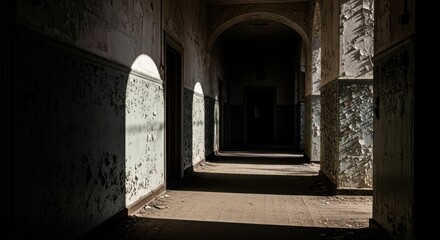 Obraz premium Eerie Abandoned Hallway: Light and Shadow Play on Decaying Walls