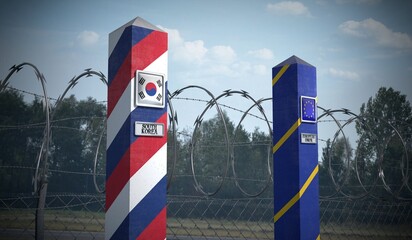 Border posts with flags of South Korea and European Union - 3d illustration
