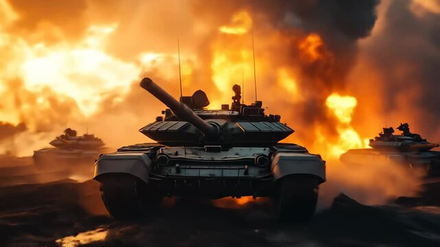 Tanks Advance Through Fiery Battlefield Under Explosive Skies.