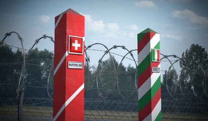 Border posts with flags of Switzerland and Italy - 3d illustration