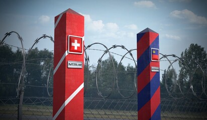 Border posts with flags of Switzerland and Liechtenstein - 3d illustration
