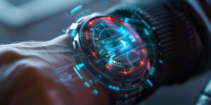 Futuristic smartwatch displaying glowing holographic interface on a wrist