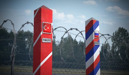Border posts with flags of Turkiye and Russia - 3d illustration