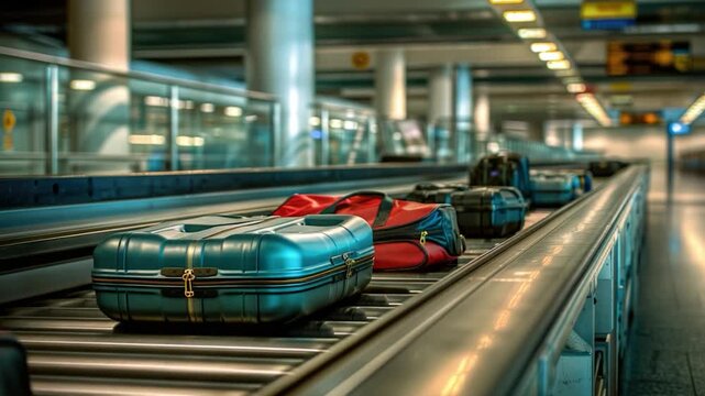 Video Luggage and suitcases on a conveyor belt, ready for transportation