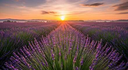 Fototapeta premium A picturesque field of lavender stretches towards the horizon at sunrise. The warm light of the sun bathes the scene in a soft glow, creating a serene and idyllic landscape.