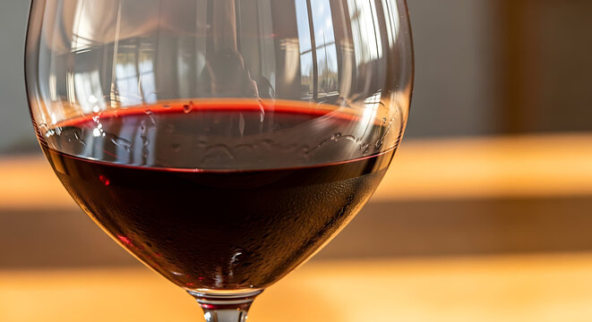 A captivating close-up showcases a crystal-clear glass elegantly filled with rich, ruby-red wine, a symbol of sophistication and enjoyment. Capturing the subtle details and the allure of the drink.