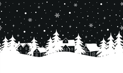 Christmas Seamless Border.. Winter Village in Forest. Houses, Fir Trees under Snow. Snowflakes. Greeting Card Template. White Silhouettes on Black Background. Vector Illustration 