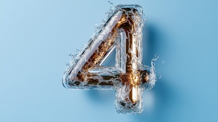 Transparent water splash number 4 shimmering against blue background