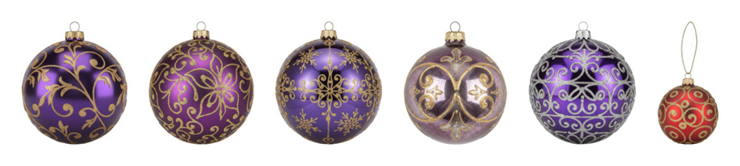 Fototapeta premium Elegant Christmas ornament set including purple, red, gold, and silver glitter patterns isolated. Holiday decoration collection.