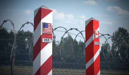 Border posts with flags of Usa and Canada - 3d illustration