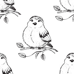 Seamless pattern with funny birds, flowers, leaves. Flat vector illustration with cartoon bird silhouette. Cute characters. Design for invitation, poster, card, textile, fabric.