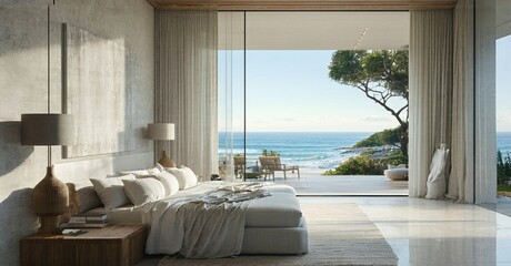 Ultra thin frameless display off coastal suite with linen textures and daylight