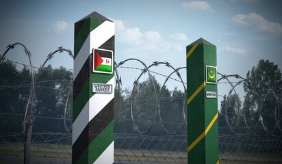 Border posts with flags of Western Sahara and Mauritania - 3d illustration