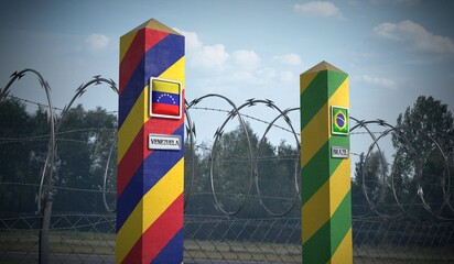 Border posts with flags of Venezuela and Brazil - 3d illustration