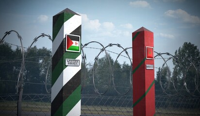 Border posts with flags of Western Sahara and Morocco - 3d illustration