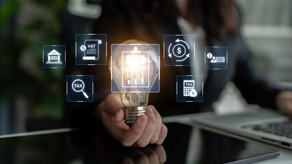 Financial regulation and tax compliance concept showing tax document, VAT, transaction flow, and...