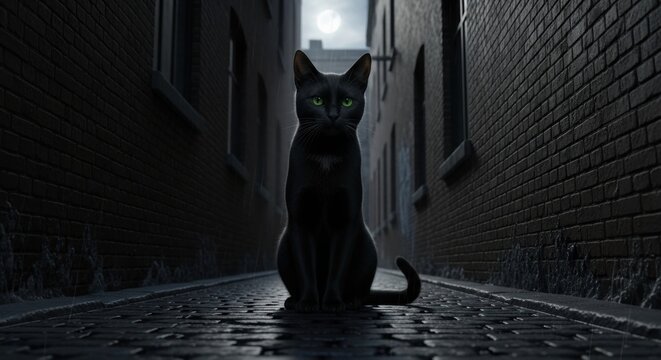 Emerald-Eyed Black Cat Sits in Rain-Slicked Alley Under Moonlight