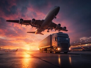 Truck under a plane during sunset at a busy airport