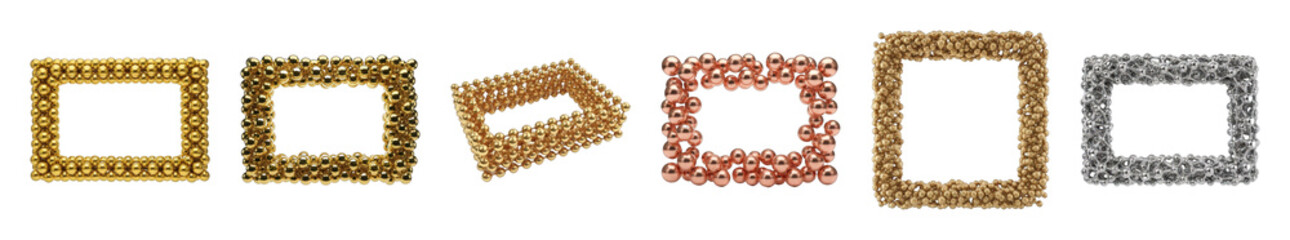 Sphere frame set including gold, rose gold, bronze, and silver metallic designs isolated. Abstract geometric decorative borders.