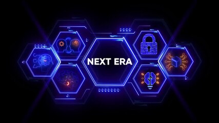 Futuristic digital network interface with glowing neon hexagons and icons representing technology and innovation - Powered by Adobe