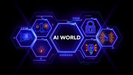 Digital network interface with glowing neon hexagons and icons symbolizing artificial intelligence and global connectivity - Powered by Adobe