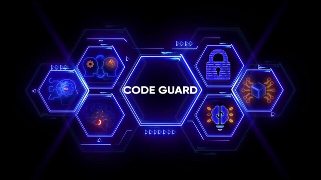 Code Guard software security concept with glowing neon hexagons and icons on dark background programming