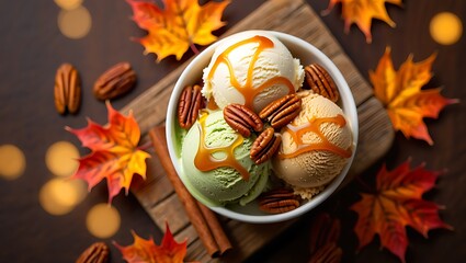 Fall Flavors Ice Cream with Maple Syrup and Pecans in Autumn Setting