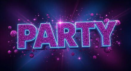 Party 3d text glowing with purple glitter exploding