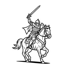Fototapeta premium Medieval Knight Warrior on Horseback with Sword Raised High.