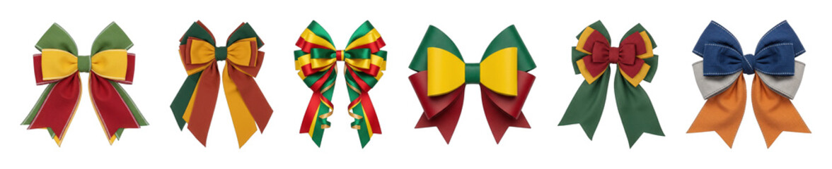 Festive bow collection including layered designs, satin ribbons, and varied fabric textures isolated. Celebration, gifting, and decorative elements.