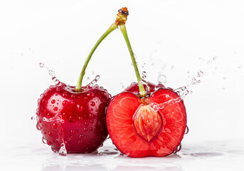Three Fresh Cherries with Water Splash — Juicy Red Fruit with Cut Detail and Dynamic Motion on Glossy Surface