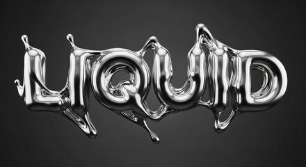 Abstract shiny chrome liquid word liquid dripping and flowing
