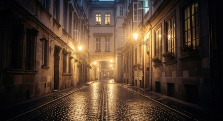 Enchanting Cobblestone Alleyway at Dusk with Warm Streetlight Glow and Wet Reflections