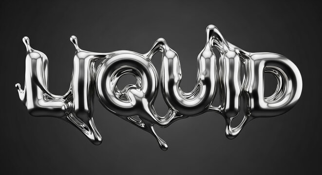 Abstract shiny chrome liquid word liquid dripping and flowing