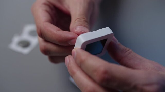 Person replacing button cell battery in small white square digital hygrometer using tool on gray table, illustrating device maintenance and repair, close-up. Shooting in slow motion.