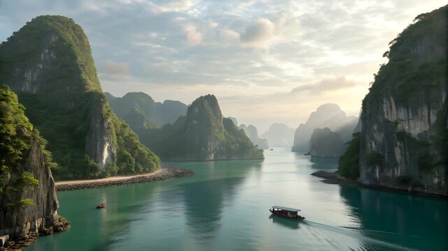 Majestic Limestone Karsts and Turquoise Waters of Ha Long Bay with Traditional Boats Vietnam