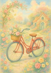Fototapeta premium Charming vintage floral bicycle wallpaper.