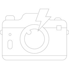 A minimalist line drawing of a camera with a lightning bolt symbol representing a flash on a clean...