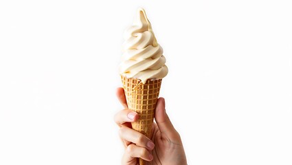 Hand Holding a Creamy Vanilla Soft Serve Ice Cream in a Waffle Cone on White Background