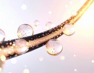 光を纏う艶やかな髪の表面に美容成分が広がるイメージ ジェネレーティブAI