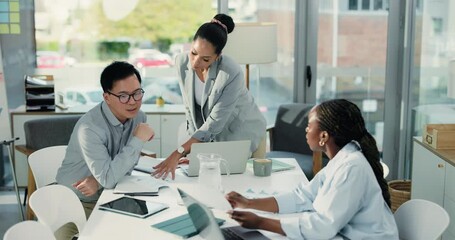 Paperwork, analyst and people with laptop in office for meeting, communication or investment strategy. Collaboration, data analysis or team with tech, review charts or graph discussion for model plan - Powered by Adobe